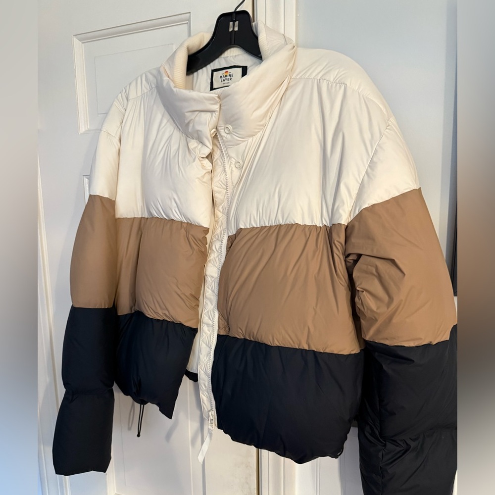 Marine Layer Colorblock Puffer Jacket - Cream, Tan, and Black